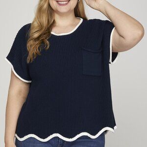 PLUS SIZE SHE + SKY NAVY SCALLOP HEM SWEATER